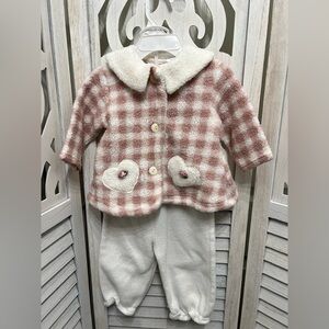 Vintage Y2K Cozy Pink Plaid Sherpa Baby Jacket with Cream Pants